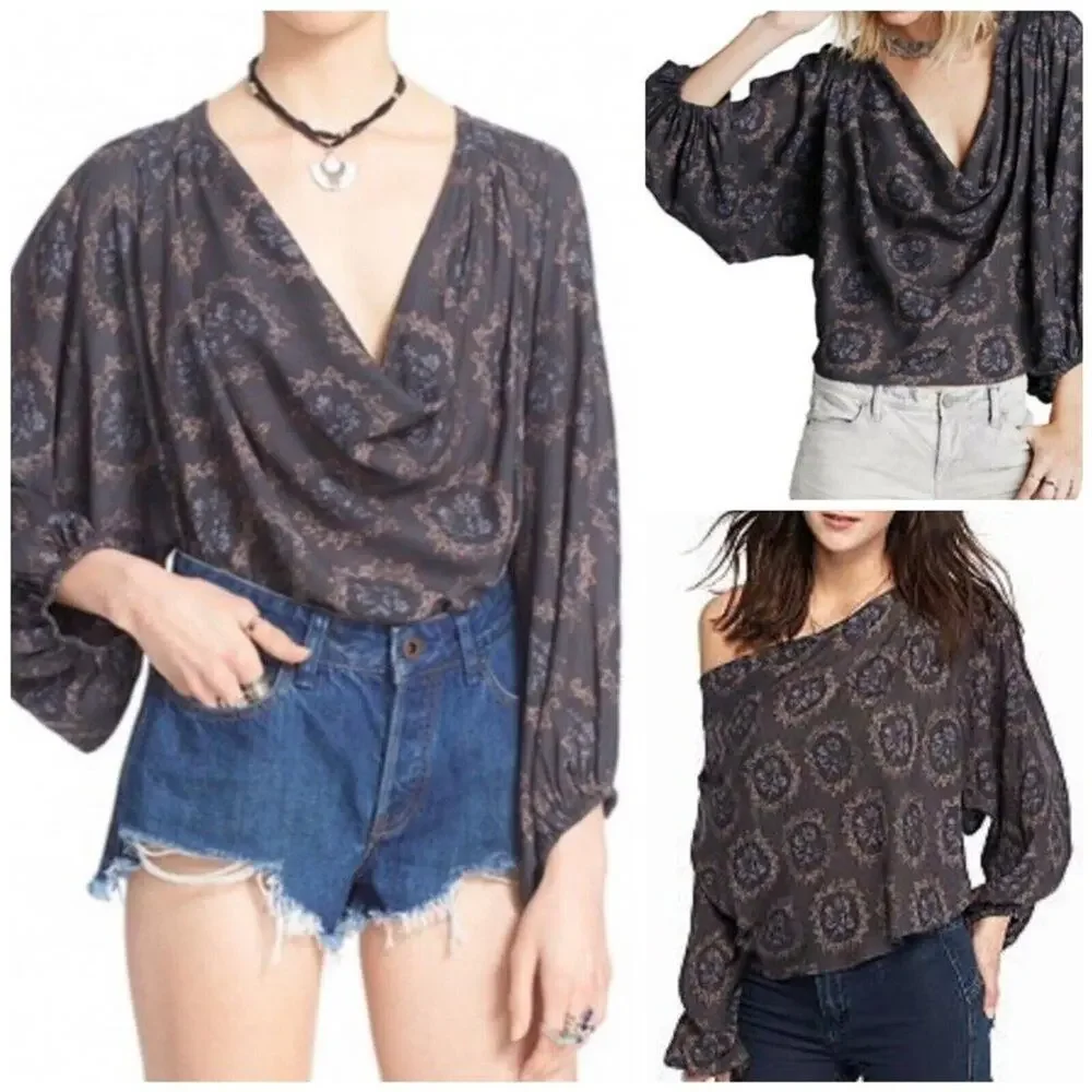 Free People Gray Cowling Around Printed Top Whimsigoth Size XS